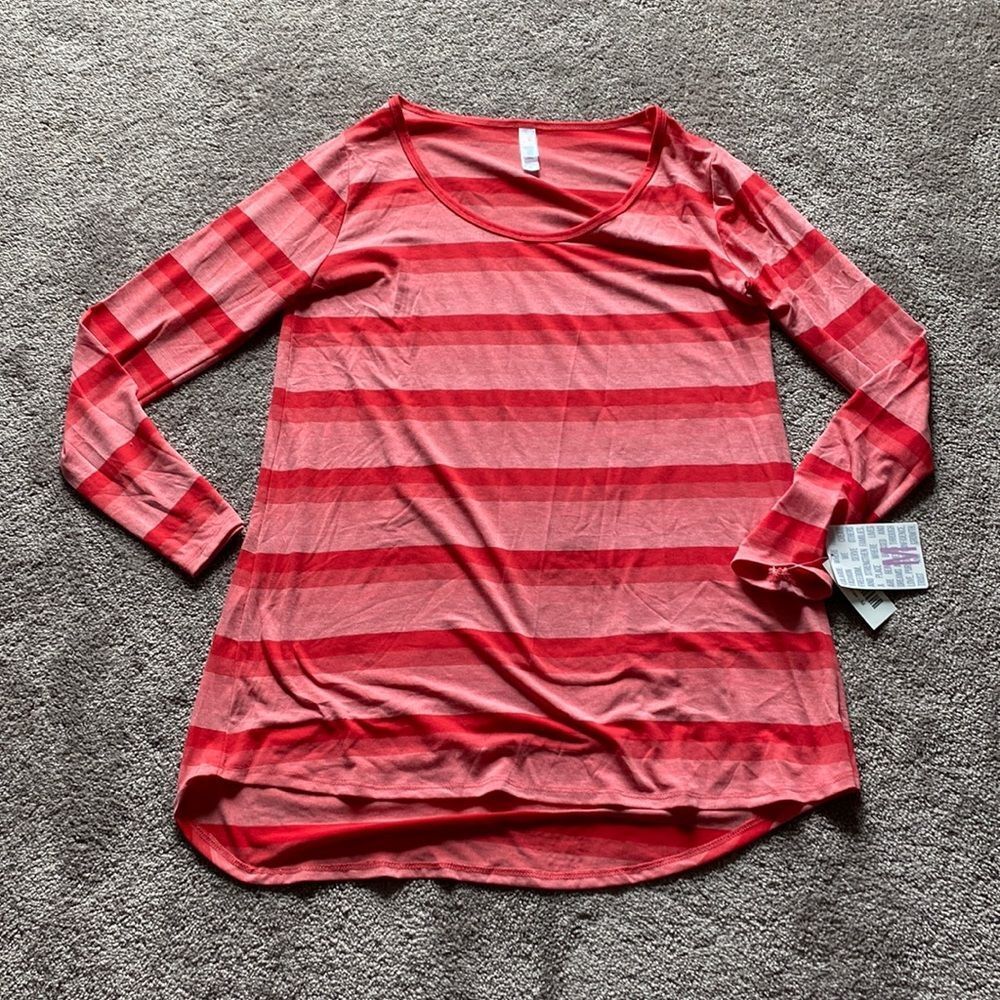 LuLaRoe Lynnae Coral Pink Red Striped Hi Low Long Sleeve Tunic Top SIZE M NWT